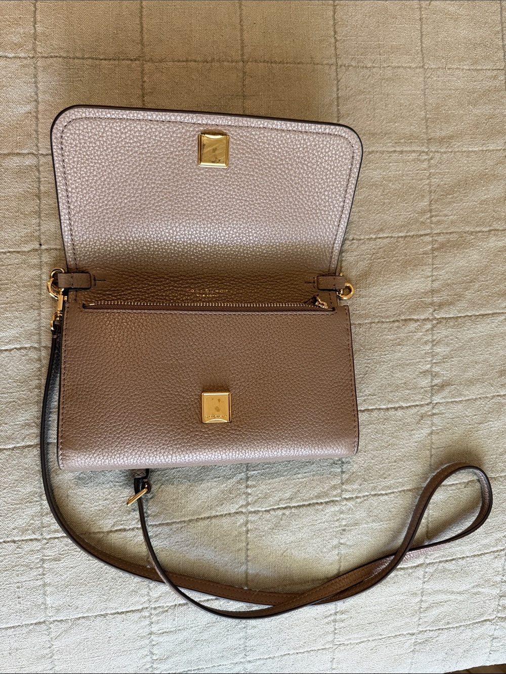 Tory Burch Pebbled Taupe Leather Crossbody with Logo Flap - Picture 2 of 3